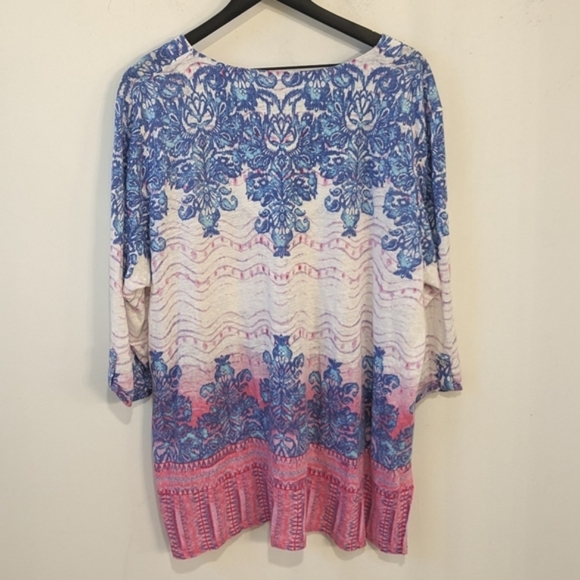Chico's 100% Linen White Blue Pink Bohemian Split Neck Tunic Shirt - Picture 5 of 8